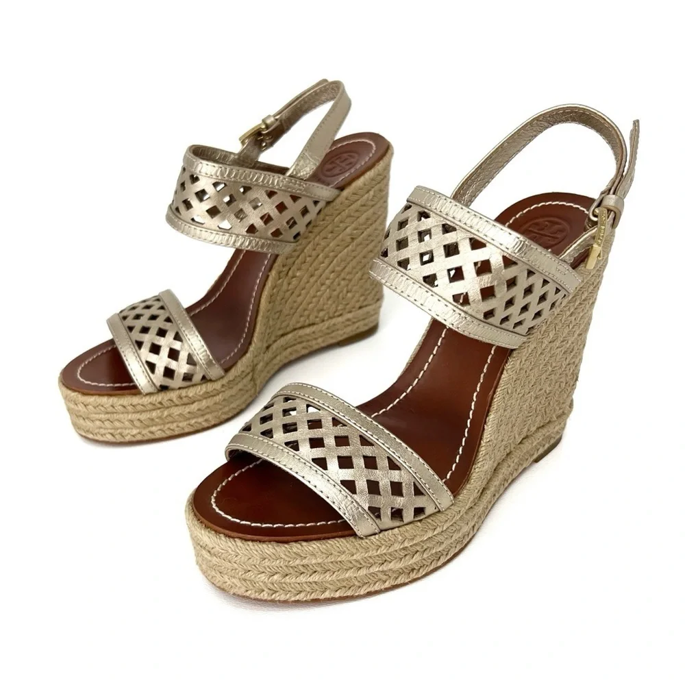 Tory Burch Wedge Espadrille Sandals Size 8 Platinum Metallic Leather Heels Shoes